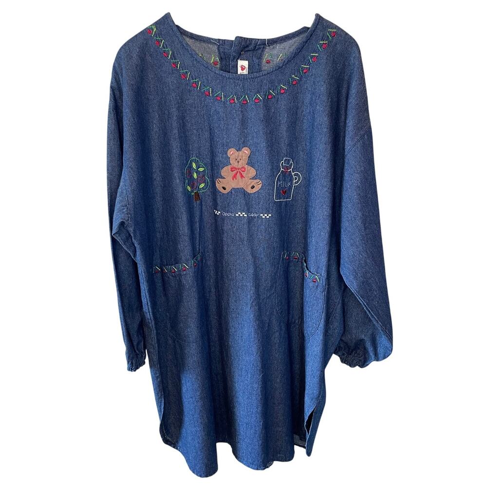 Kuma Heart Denim Long Sleeve Teacher Cottage Core Knee Length Shirt Dress XXL - Picture 14 of 14